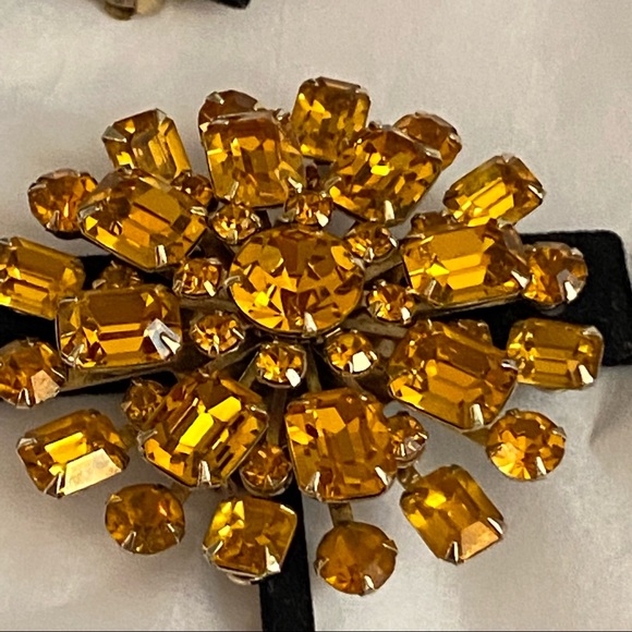 🌹WEISS Citrine or Topaz Colored Rhinestone Starburst Earrings & Brooch Set - Picture 7 of 12